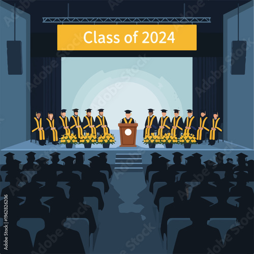 Illustration of a graduation ceremony in an auditorium