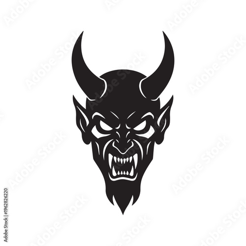 Aggressive Devil Head Silhouette Vector Illustration with Large Horns and Fangs for Tattoo or Mascot Design
