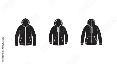Blackhoodieswithdifferentviewsandpocketsisolatedonwhitebackground