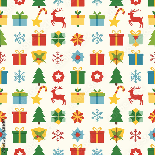 Festive pattern with Christmas tree, gifts, reindeer, candy canes, and snowflakes