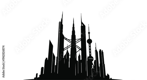 Skyscrapers create a dramatic urban silhouette against a bright sky, representing modern architecture and the rapid development of global metropolitan centers in a sleek artistic interpretation.