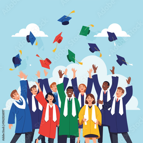 Illustration of a diverse group of graduates throwing caps in the air