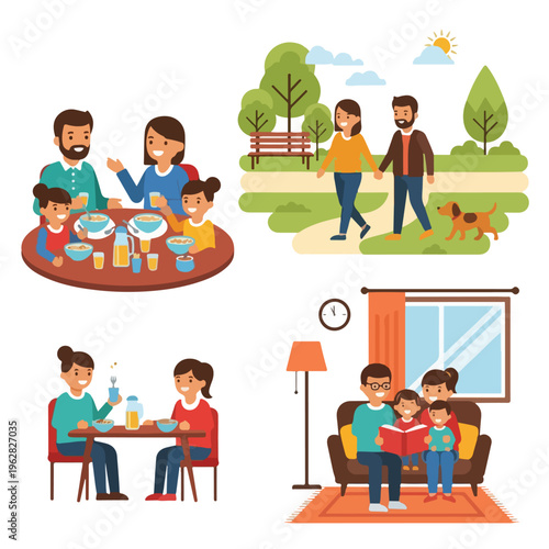 Four illustrations depicting happy families in various activities