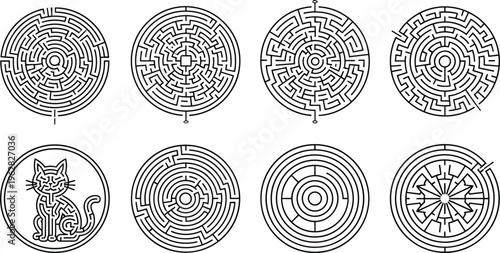 Circular maze vector set with intricate labyrinth designs and cat emblem puzzle collection minimal line isolated