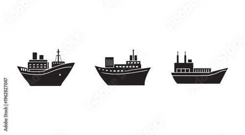 Blacksilhouetteofthreecargoshipsorfreightersindifferentpositionsisolatedonwhitebackground