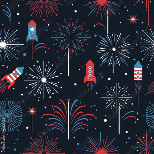 Festive repeating pattern with rockets and fireworks in a patriotic red, white, and blue design