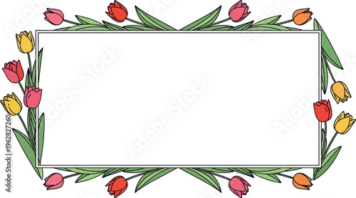 Beautiful watercolor style rectangular frame border decorated with colorful spring tulips perfect for invitations or greeting cards