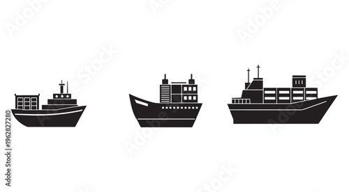 Blacksilhouetteofvariousshiptypesincludingcargoshiptankerandbulkcarrierisolatedonwhitebackgroundforlogisticsandtransportationicons