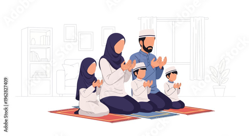 Muslim family praying together at home, a beautiful moment of faith and togetherness.