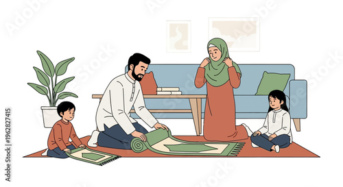 Muslim family praying together at home during Ramadan.
