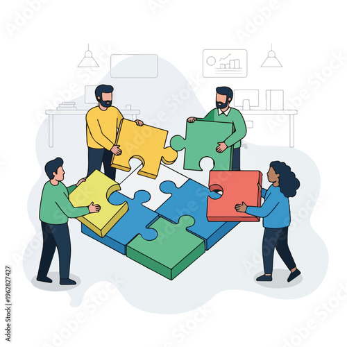 Four people assembling a colorful jigsaw puzzle representing teamwork