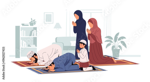 Muslim family praying together at home, performing daily salah ritual.