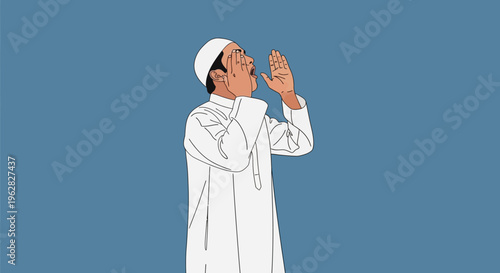 Muslim man in traditional attire praying with hands raised.