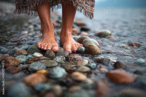 Bare feet stepping on wet, colorful stones in shallow, clear water