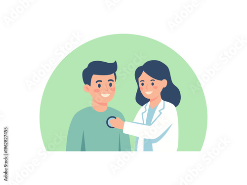 Vector A friendly professional doctor performs a comprehensive health checkup on a smiling male patient, symbolizing preventive care and modern medical consultation services.