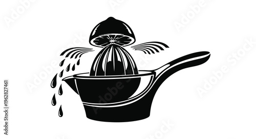 Juicer extraction process is depicted with a citrus fruit being pressed to release fresh liquid, illustrating healthy living, morning nutrition, and the preparation of natural drinks.