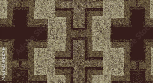 a vibrant textile featuring a seamless pattern of interconnected crosses in shades of red blue green and beige on a woven fabric