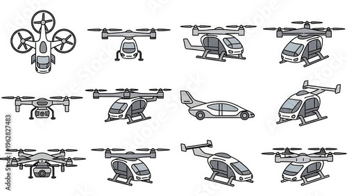 Set of futuristic air taxi and drone icons for urban aerial mobility