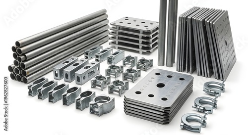 Industrial Scaffolding and Rigging Hardware Kit with Steel Pipes, Base Plates, and Couplers Isolated on White Background
