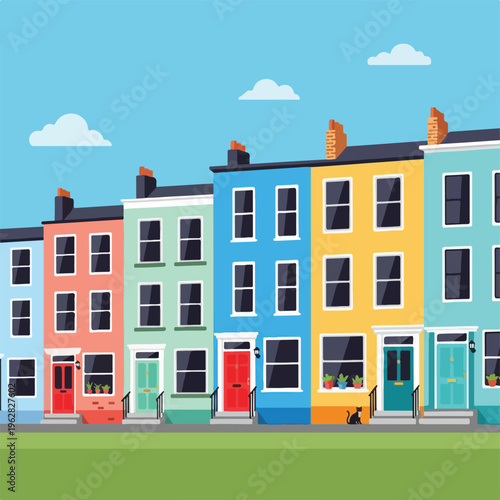 Colorful row of houses with doors, windows, chimneys, and a blue sky