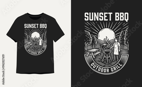 Vintage Sunset BBQ Outdoor Grill T-Shirt Design Illustration