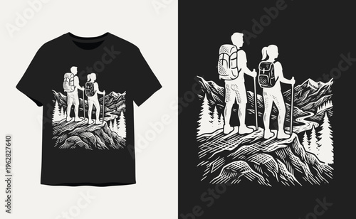 Vintage Hand Drawn Illustration of Couple Hiking in Mountains for T-shirt Design