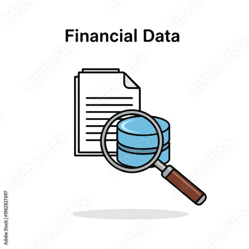 Financial data illustration with a magnifying glass, file, and database
