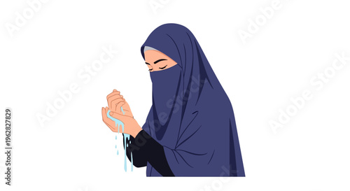 Muslim woman in hijab praying with hands raised in devotion.