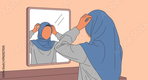 Muslim woman adjusting her hijab in front of a mirror.
