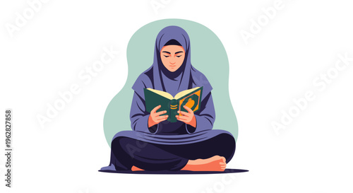 Muslim woman in hijab reading the Quran with deep concentration.
