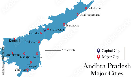 Andhra Pradesh map with major cities and capital Amaravati, detailed state map vector with location markers