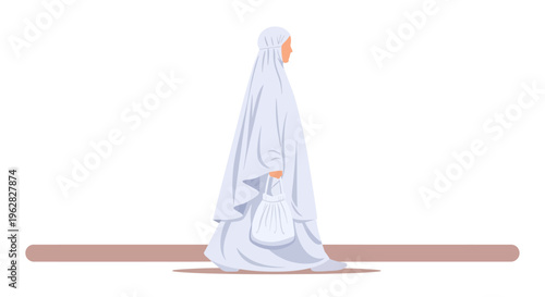 Muslim woman in white prayer attire walking with prayer beads.