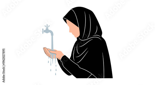 Muslim woman performing Wudu ritual washing before prayer.