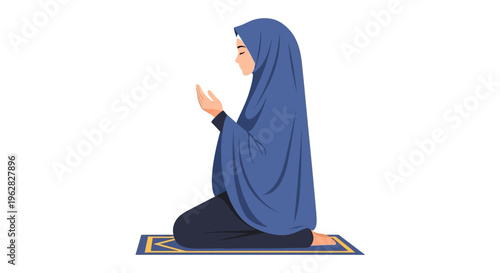Muslim woman praying on a prayer mat, side view.