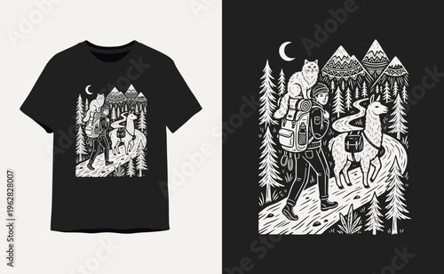 Adventure Hiking Illustration with Cat and Llama in Linocut Style