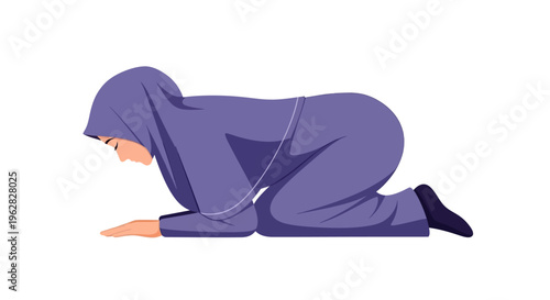 Woman in purple hoodie and pants kneeling on the floor in a humble pose.