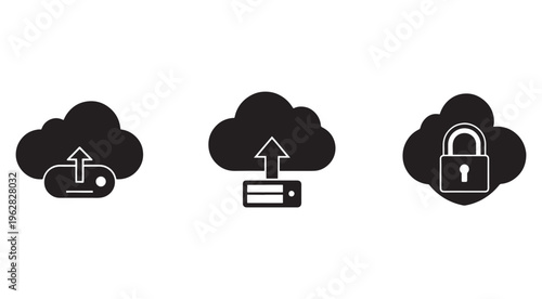 Cloud computing security icons with upload and lock symbols for data protection and storage  cloud security concepts
