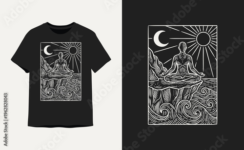 Zen Meditation Linocut T-Shirt Design with Sun Moon and Ocean Waves