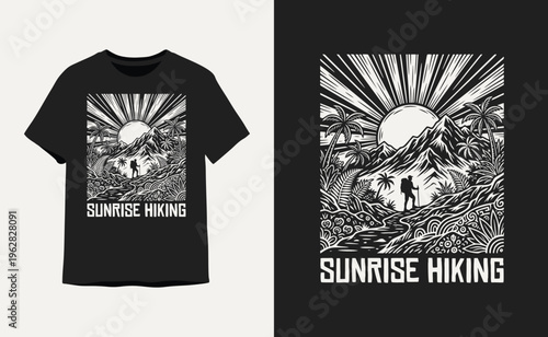 Sunrise Hiking Vintage T-shirt Design with Mountain and Hiker Illustration