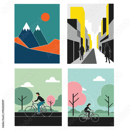 Four stylized illustrations mountain, city street, and cyclists in park settings