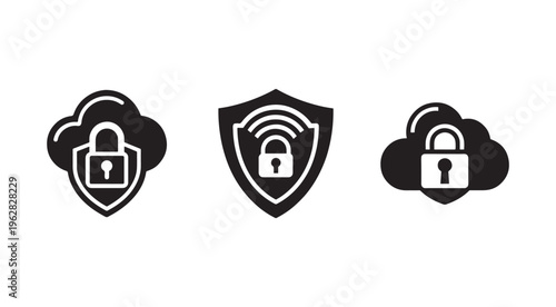 Cloud security icons with lock and shield symbols for data protection and online safety measures  cybersecurity concept