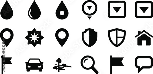Black Icons Featuring Location Pins, Water Drops, Shields, and Vehicles map marker