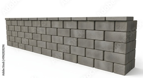 3D Rendering of a Gray Concrete Block Wall Isolated on White Background - Masonry and Construction Concept