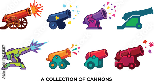 Colorful cannon vector illustration set with different styles firing weapons cartoon military artillery collection isolated design