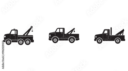 Collection of different tow trucks in black silhouette on white background for industrial or rescue concepts  vector graphics