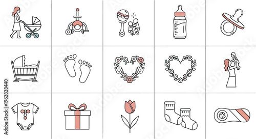 A collection of line art icons depicting various items and moments related to baby care, maternity, and early childhood, rendered in soft pastel colors.