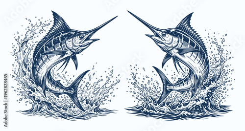 Hand Drawn Jumping Marlin Fish Engraving Vector Set