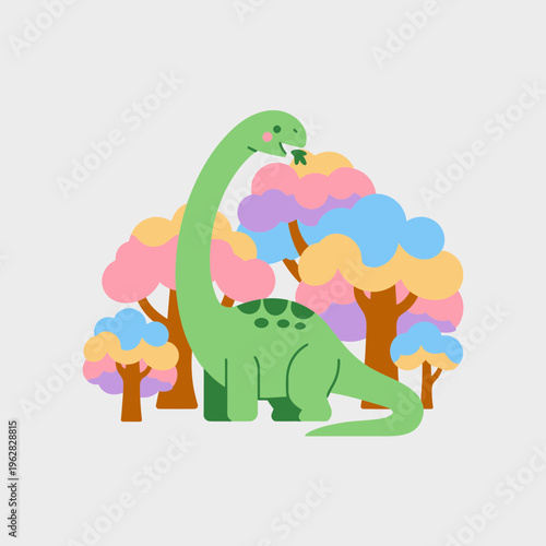 Cute green brachiosaurus eating leaves in a whimsical pastel forest setting featuring colorful stylized trees for childrens book illustration or nursery wall art decor