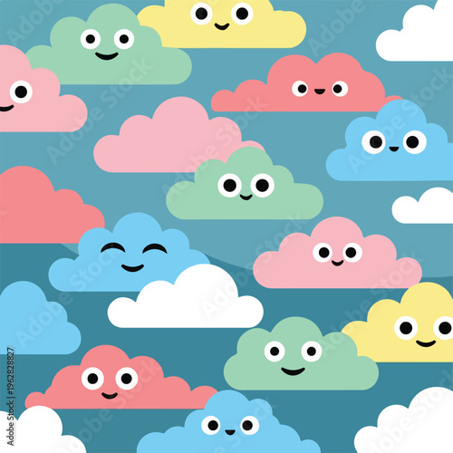 Colorful, smiling cloud illustrations floating against a solid teal sky