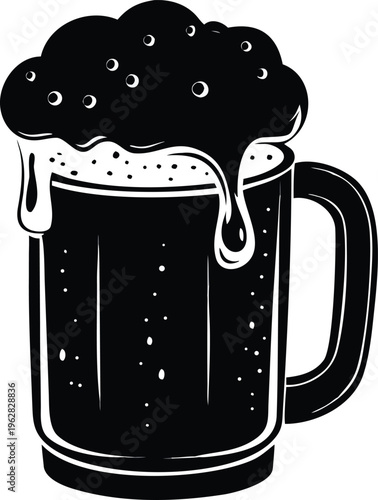 A black and white illustration of a full mug of foamy beer